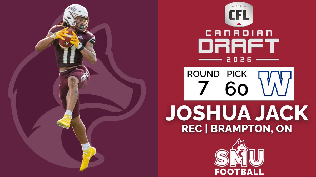 SMUHuskies's tweet photo. Saint Mary's Huskies receiver Joshua Jack was drafted  by the Winnipeg Blue Bombers in the 2026 CFL Canadian Draft.

A fourth year receiver from Brampton, ON, Jack was selected 60th overall (7th round) by the Winnipeg Blue Bombers.

Full story: https://t.co/iZADTYJH9B https://t.co/jZD6idnhXf