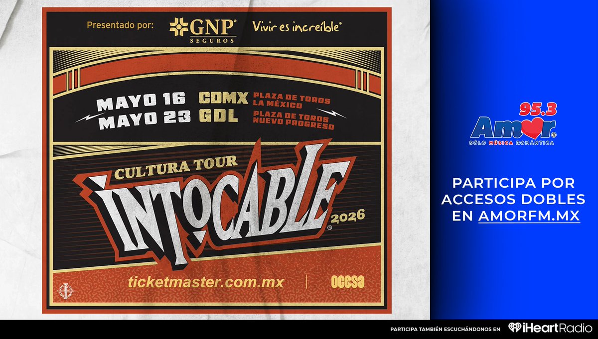 AmorEnTuRadio's tweet photo. #CDMX 🤠 Prepárate para una noche donde el amor se canta y hasta se baila. #Intocable llega con su "𝐂𝐮𝐥𝐭𝐮𝐫𝐚 𝐓𝐨𝐮𝐫 𝟐𝟎𝟐𝟔" a la Plaza de Toros México.🎶

❤️ ¡Esta es tu señal para invitar a esa persona especial! 🎟️ ¡Regístrate y participa por tus accesos! https://t.co/7DklV1sTav