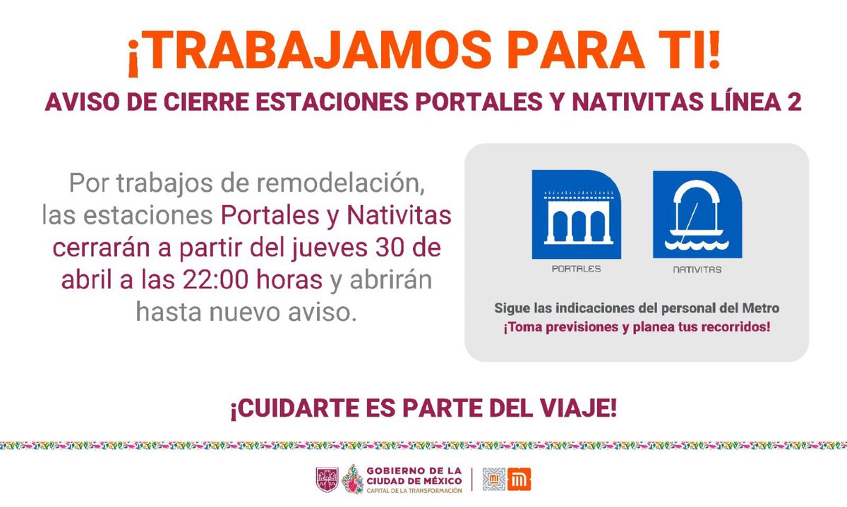 JLANoticias's tweet image. El STC Metro informó que del 1 al 3 de mayo, la Línea 2 funcionará en 2 tramos: Tasqueña a Xola y Cuatro Caminos a Pino Suárez, debido a trabajos en las estaciones Portales y Nativitas, que cerrarán desde el 30 de abril 🚇🚨

#Metro #CDMX #JLANoticias #NoticiasNacionales
