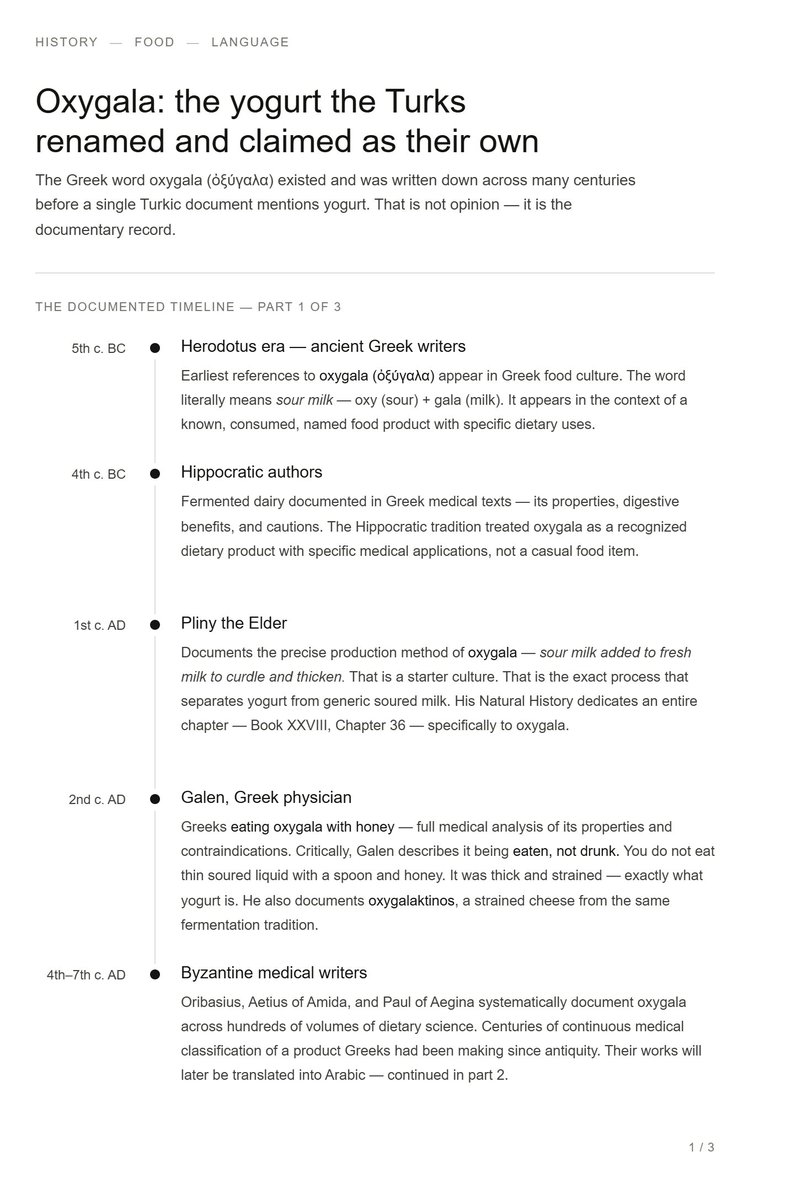 Dav66352635859's tweet image. 1,400 years of Greek🇬🇷 documentation Turks🇹🇷 can't explain away.

So now the argument is "oxygala isn't yogurt."

Look at the Byzantine record and the picture gets clearer. Arabs translated Byzantine dairy science into Arabic. Turks absorbed it from them.  #Yogurt