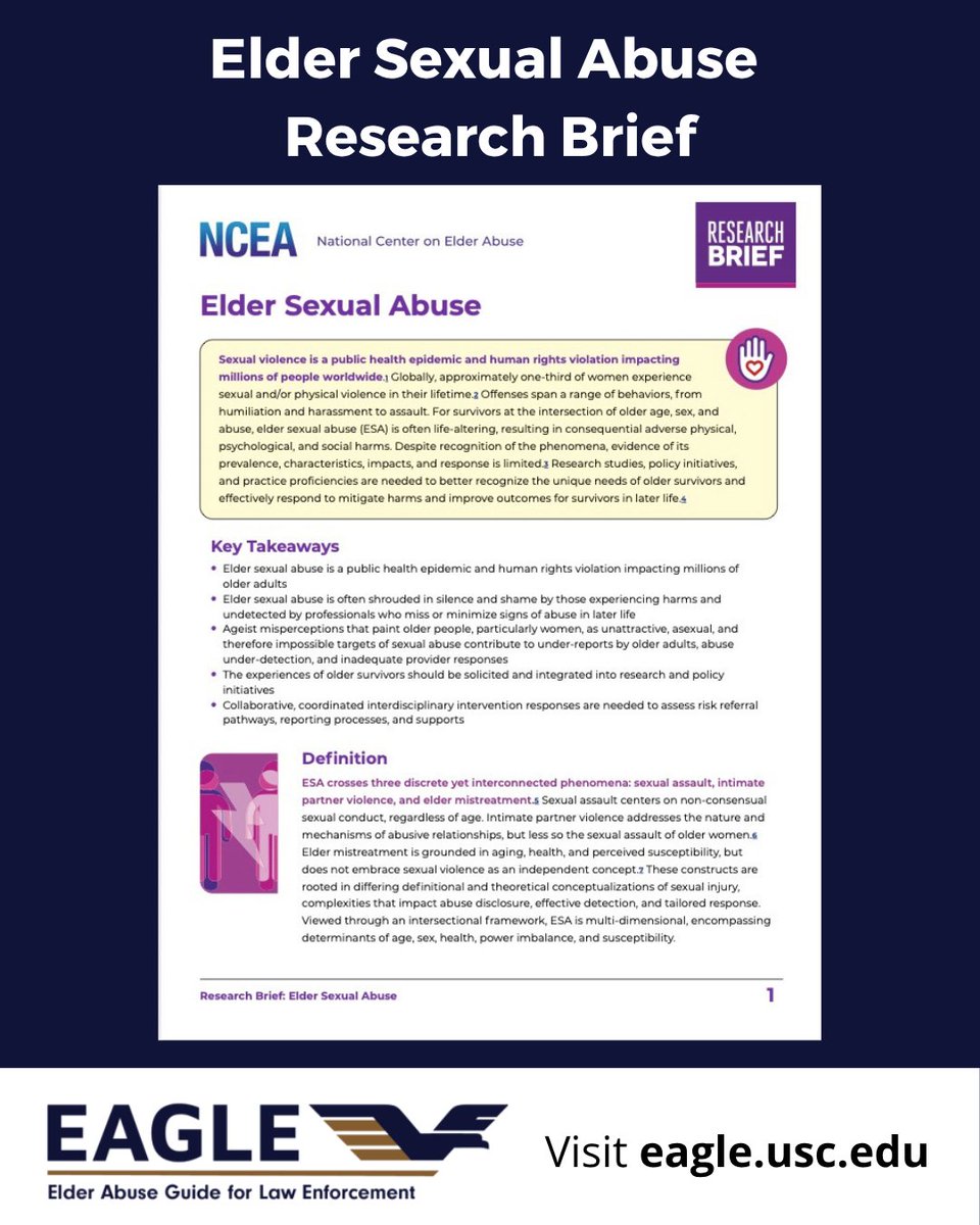 EAGLEatUSC's tweet image. April is Sexual Assault Awareness Month. Stay informed and learn more by accessing the Elder Sexual Abuse Research Brief from @NCEAatUSC. Access the brief here: bit.ly/4n9Jw7F. #LawEnforcement #FirstResponder #ElderNeglect #PromoteElderJustice #EAGLE #EAGLEonDuty