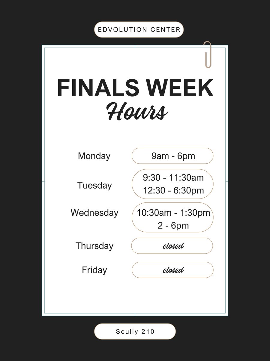 SEMO_EDvolution's tweet photo. Please see our finals week hours as they are quite different than normal hours!

Stop by and use one of our various study spaces as you prepare for finals for the remainder of this week and next. 📖 https://t.co/HpFVF4gDwy