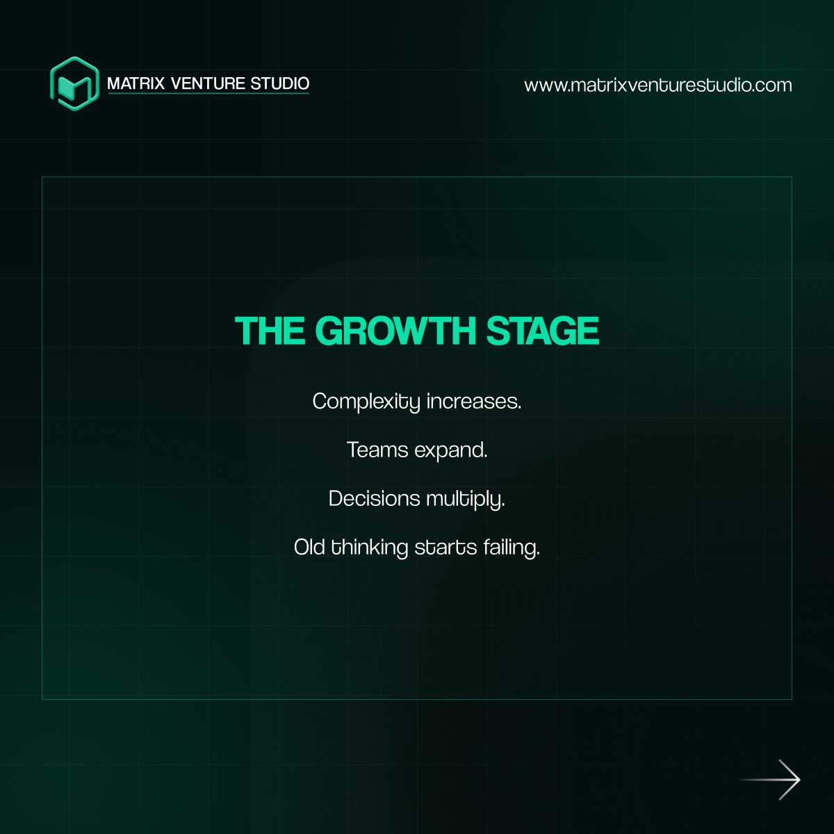 Matrixventure_'s tweet photo. What works early
starts breaking later.

More growth = more complexity.
More complexity = better thinking required.

Most founders scale effort.
Very few scale their thinking.
That’s the difference. https://t.co/a7UcdVwgBn