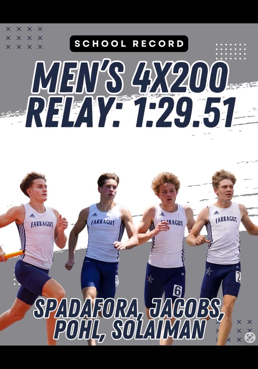 coachtatefhs20's tweet photo. ⚓️ NEW FARRAGUT HIGH SCHOOL RECORD 🏃‍♂️🏃‍♂️🏃‍♂️🏃‍♂️

MENS 4x200 METER RELAY ⚓️  1:29.51
(Jake Solaiman, Aaron Pohl, Lucas Spadafora, Nathan Jacobs)

Farragut took 1st place at the KIL Championships in the 4x200, 4x400 and 4x800 Meter Relays 🥇🥇🥇

@FarragutTrack @5StarPreps @prepxtra @West105_WFIV @farragutpress1 @jnichols_2121