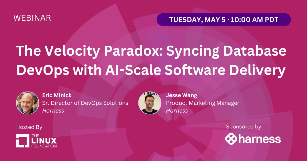linuxfoundation's tweet image. Join @harnessio &amp;amp; @linuxfoundation for a free live webinar on Tuesday, May 5 at 10:00 AM PT: "The Velocity Paradox: Syncing Database DevOps with AI-Scale Software Delivery". Learn more &amp;amp; register: bit.ly/4vRU5jR #OpenSource #Linux #AgenticWorkflows #AIAssistedDevelopment
