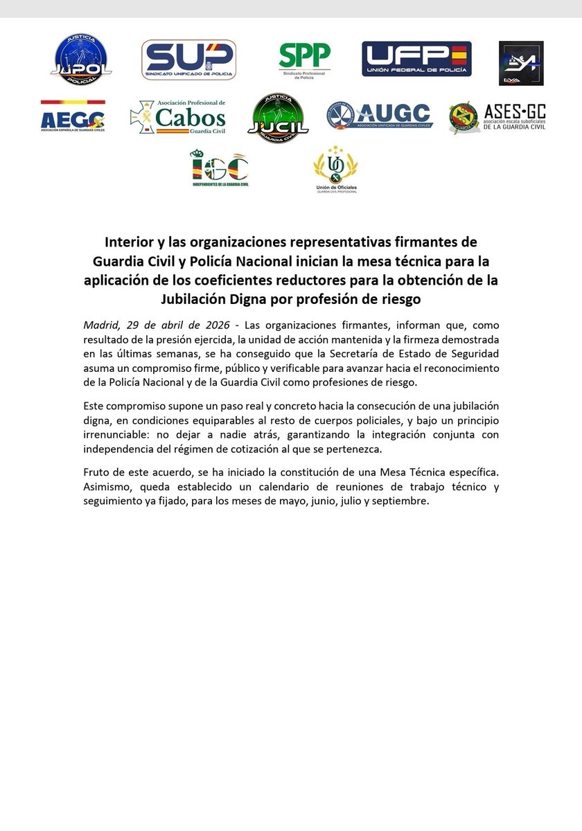 👉 Interior inicia la mesa técnica para aplicar coeficientes reductores que reconozcan a Policía Nacional y Guardia Civil como profesiones de riesgo.

Paso clave hacia una jubilación digna, con calendario de trabajo ya fijado. 

#mismotrabajomismajubilacion