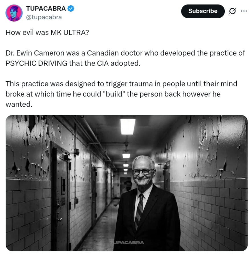 justspaceonline's tweet image. "How evil was MK ULTRA?

Dr. Ewen Cameron was a Canadian doctor who developed PSYCHIC DRIVING that CIA adopted..
designed to trigger trauma in people until their mind broke.. he could "build" the person back however he wanted"

#tavistock #mcgill #montreal
x.com/justspaceonlin…