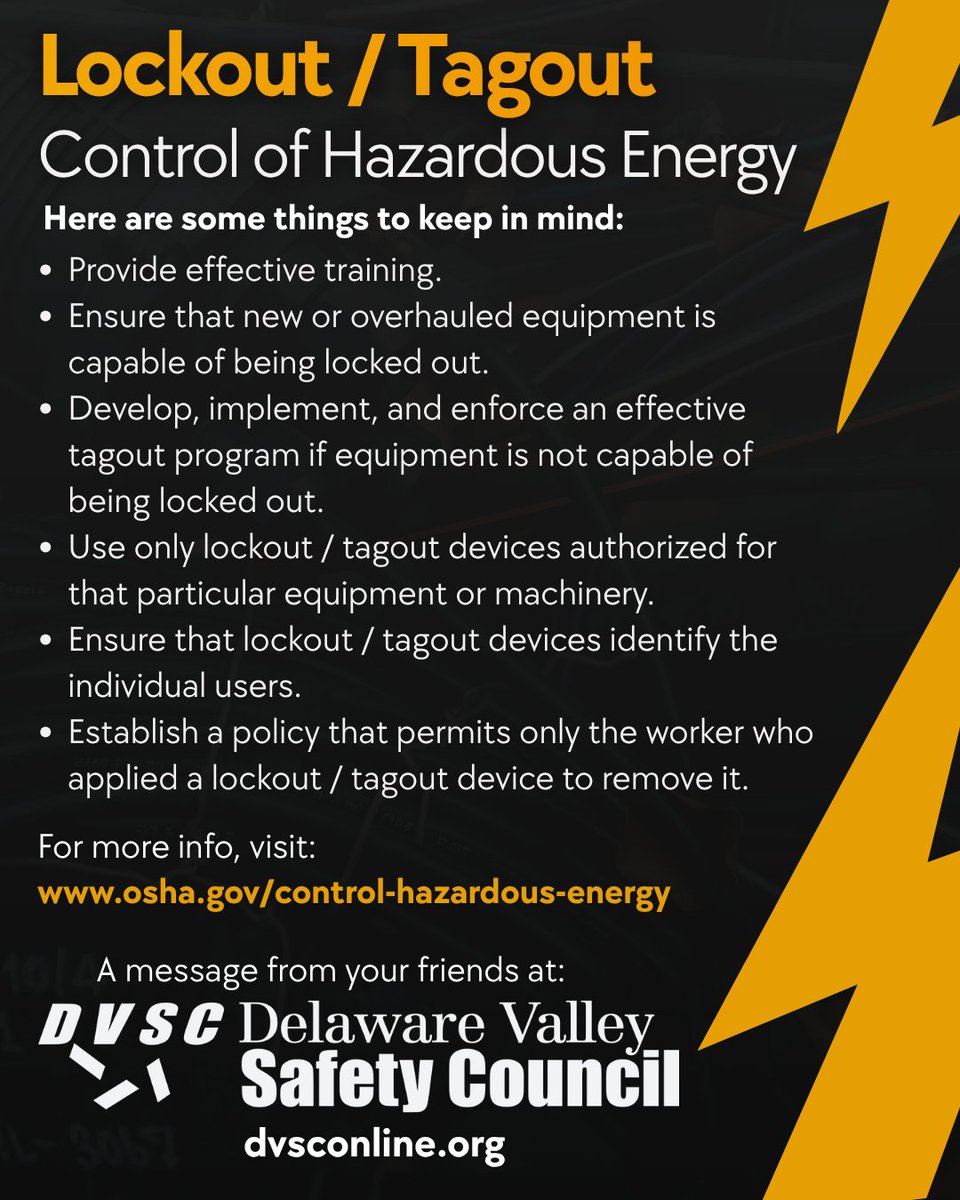DvscAdmn's tweet image. Lockout / Tagout
Control of Hazardous Energy

A message from your friends at:
Delaware Valley Safety Council
dvsconline.org

#SafetyFirst
