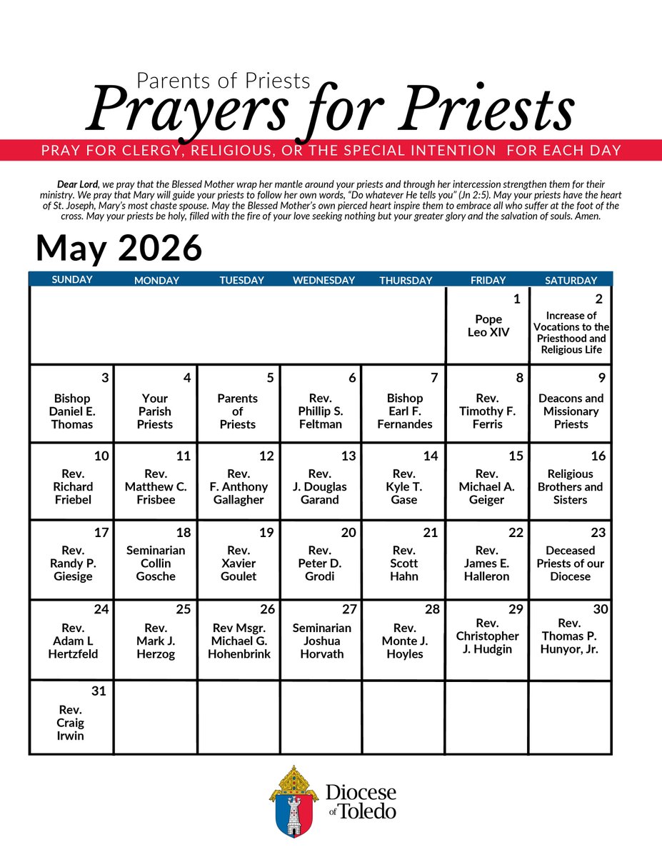 sanduskycath's tweet photo. A new month means a whole new month to pray for our priests! In a special way, let's pray on May 28 for our pastor, Fr. Hoyles! https://t.co/2cHPj9hE3s