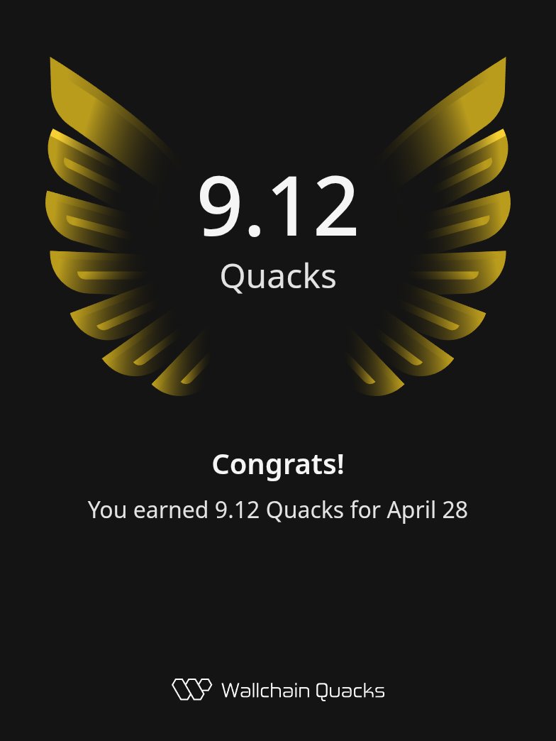 Good night, Familia.

I earned 9.12 Quacks from <a href="/wallchain/">Wallchain Quacks</a> today.

Tomorrow, we go hustle again for more Quacks.
