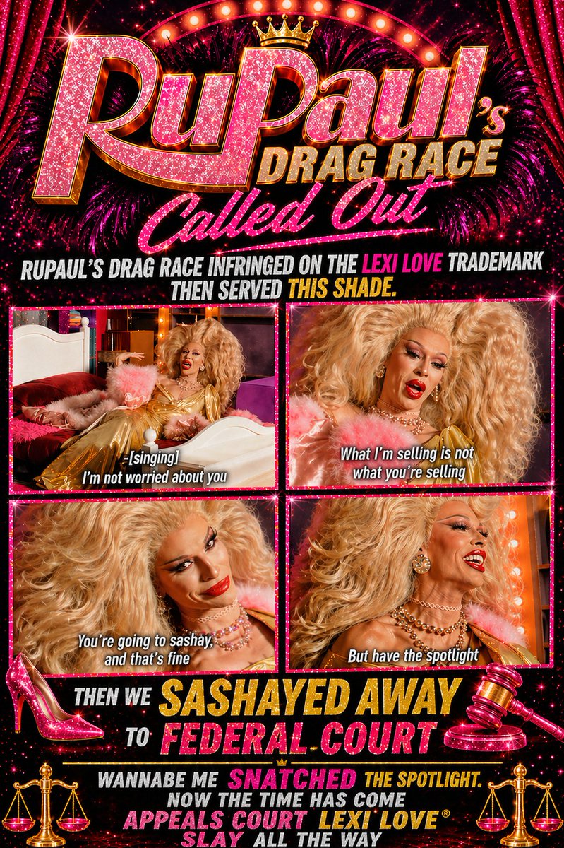 LexiLove's tweet photo. A high-stakes intellectual property dispute is advancing in Federal Court. ⚖️

Brand CEO, SAG-AFTRA actress, and Producer Lexi Love® is taking legal action against media giants @WorldOfWonder  and @paramountplus  for trademark infringement of her registered Lexi Love® brand within their product, @RuPaulsDragRace. 

Established in 2004, the Lexi Love name was utilized by the multimedia conglomerates without authorization, prompting a federal lawsuit to protect the company's IP.

Now heading to the Appeals Court, the Lexi Love® legal team is taking on these multinational conglomerates in a David vs. Goliath battle to defend a 22-year commercial legacy.