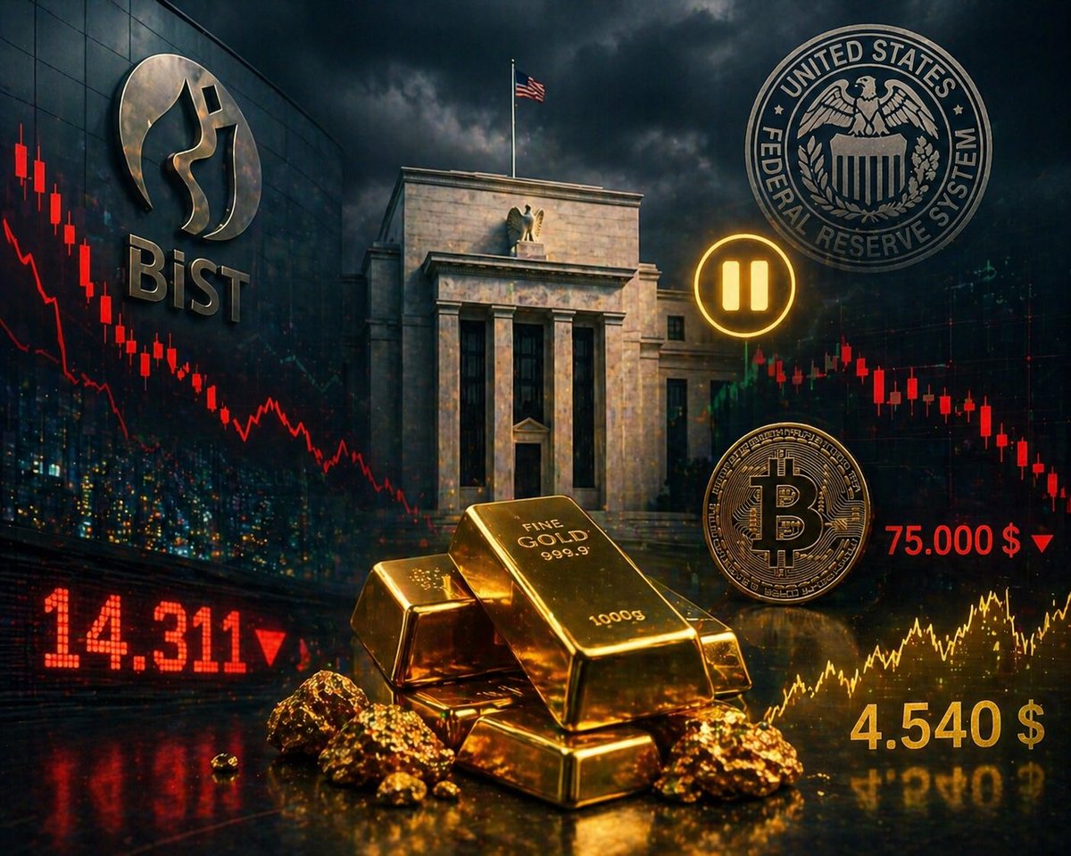 portfoymeselesi's tweet image. #BİST bugün satış baskısıyla 14.311 seviyesinden kapanış yaptı.  

#FED beklendiği gibi faizi sabit bıraktı ancak piyasalarda risk iştahı zayıf kalmaya devam ediyor. #Bitcoin 75.000$ seviyesine gerilerken, #altın 4.540 dolar seviyelerinde işlem görüyor. Görünen o ki bir süre daha