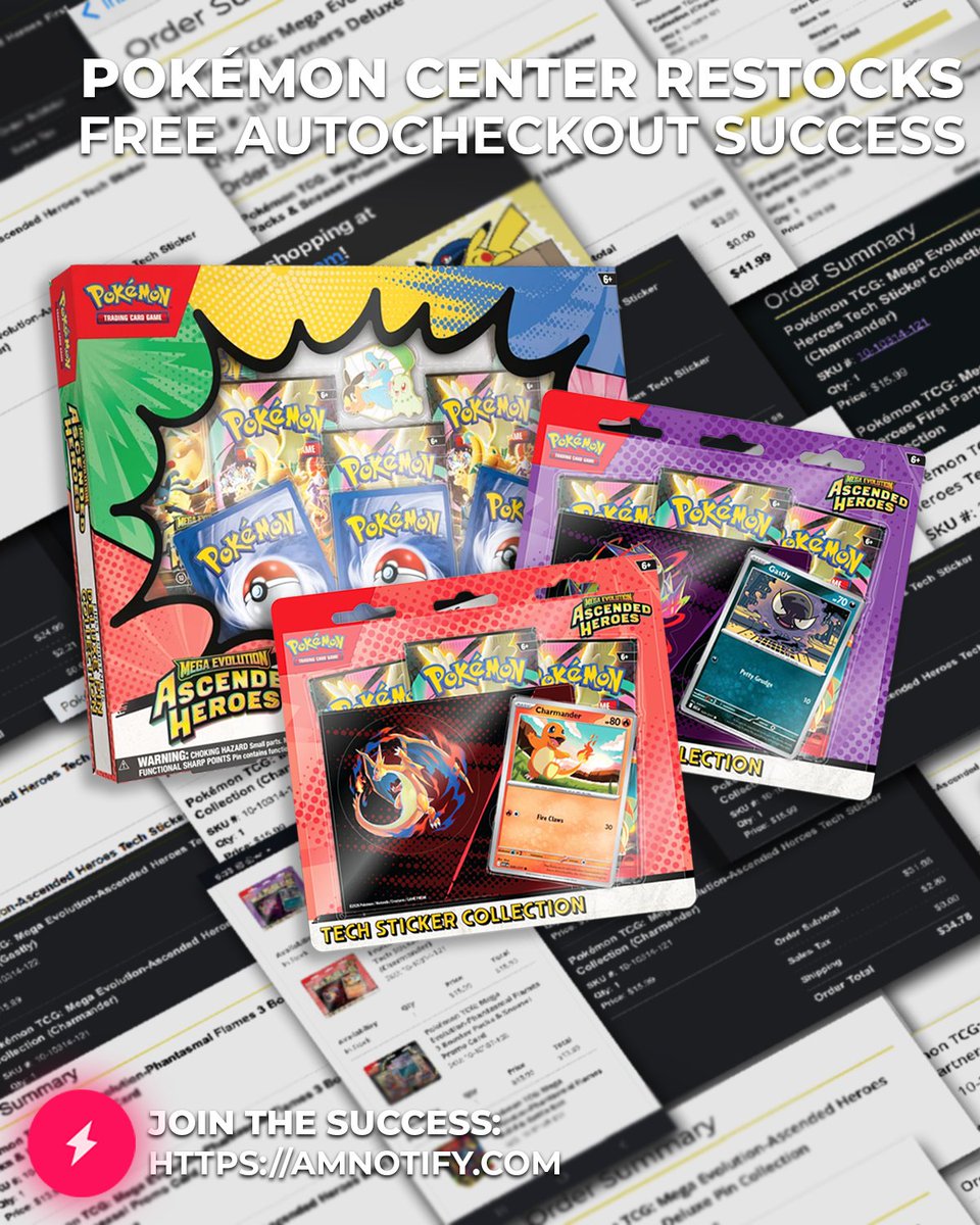 Who caught that Pokémon Center restock? We did.

Ascended Heroes Pin Collection + Tech Stickers dropped, free autocheckout secured for members.

Completely free, zero manual effort needed.

⚡️amnotify.com