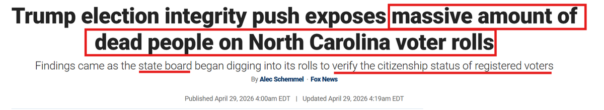 TheQNewsPatriot's tweet photo. This is why 2020 had to happen the way it did, and why we had to put up with 4 years of the military level PsyOp called "Biden".

North Carolina's DeepState never wanted to share their voter data or citizenship data with the Federal government. Not only were there an estimated 200,000+ fraudulent registrations across the State's entire balloting infrastructure, but the federal judicial circuit cartel was actively reinstating fraudulent voter registrations which had been removed due to the addresses on the registrations not being deliverable (see Judge Loretta Biggs decision, November 2016, NAACP voter registration case, Middle District North Carolina). Separately, but related in the context of election interference, the State was also harboring and funding, with taxpayer dollars, biological terrorism activities (UNC Chapel Hill).

Fast forward, and now North Carolina officials are willfully surrendering voter and citizenship databases to Federal authorities ... during the same period of time when a close advisor of the "Face of the Plandemic", Anthony Fauci, is indicted by a Grand Jury with several charges including 'conspiracy against the United States', and 'aiding and abetting'.

Bonus points: There's allegedly "...34,000 dead people" on the State's voter rolls, a.k.a., 17 x 2.

Patriots in control.

Let the [MEAL] cook.
#DarktoLight