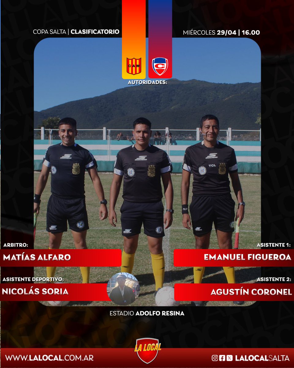 lalocalok's tweet image. 🏆 #CopaSalta | Clasificatorio
🗣️ Las autoridades del partido para esta tarde 
📌 #Mitre 0-0 #Cachorros
