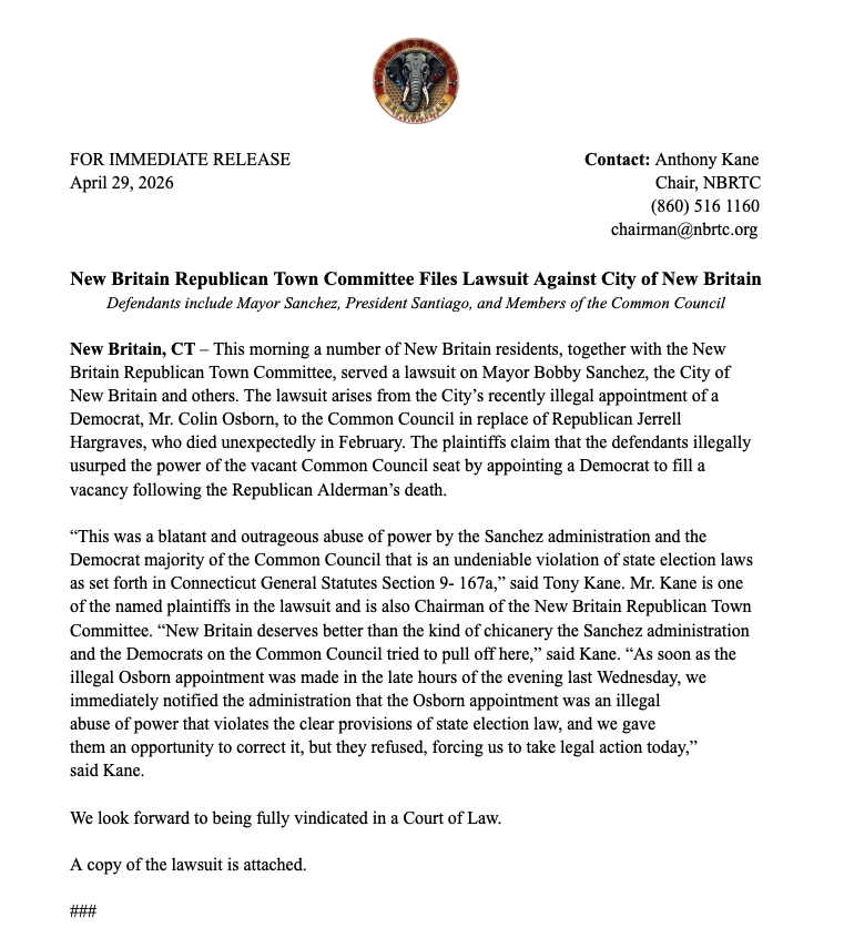 NewBritainRTC's tweet photo. Here is our press release regarding today's lawsuit: Vaughan v. City of New Britain https://t.co/FVSTbV6VSX