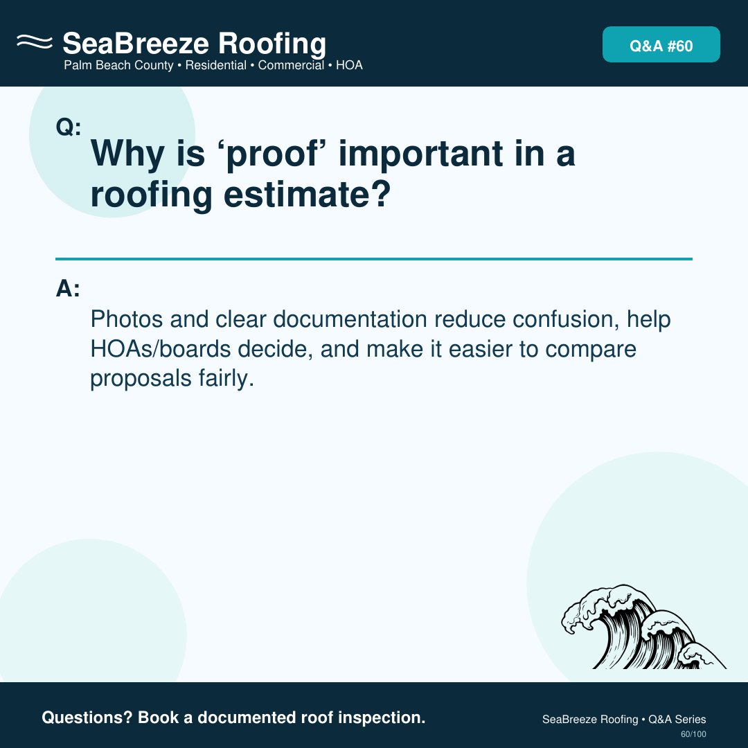 SeaBreezeRoof's tweet image. Photos and clear documentation reduce confusion for HOAs and help boards compare proposals fairly. Proof is key in any estimate. Contact SeaBreezeRoofing to book a documented inspection.

#SeaBreezeRoofing #PalmBeachCounty #RoofingContractor #PalmSprings