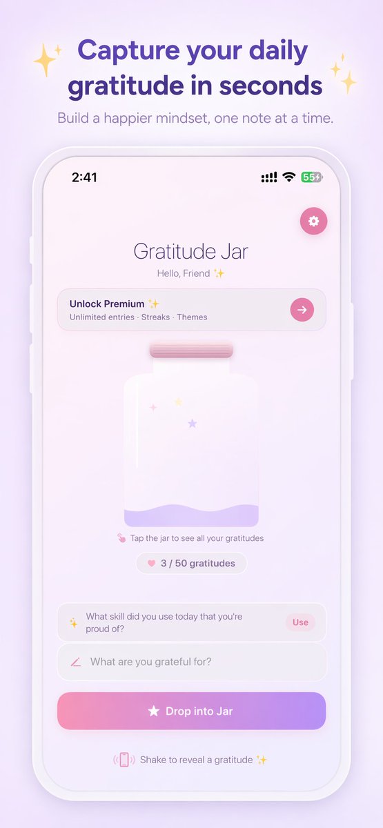 kpappworx's tweet image. Built something I'm genuinely proud of 🫙
Gratitudes Jar — write what you're thankful for, drop it in your jar, shake your phone to reveal a random one when you need it most.
Free on iOS 👇
apps.apple.com/in/app/gratitu…
#indiedev #ios #gratitude #mindfulness