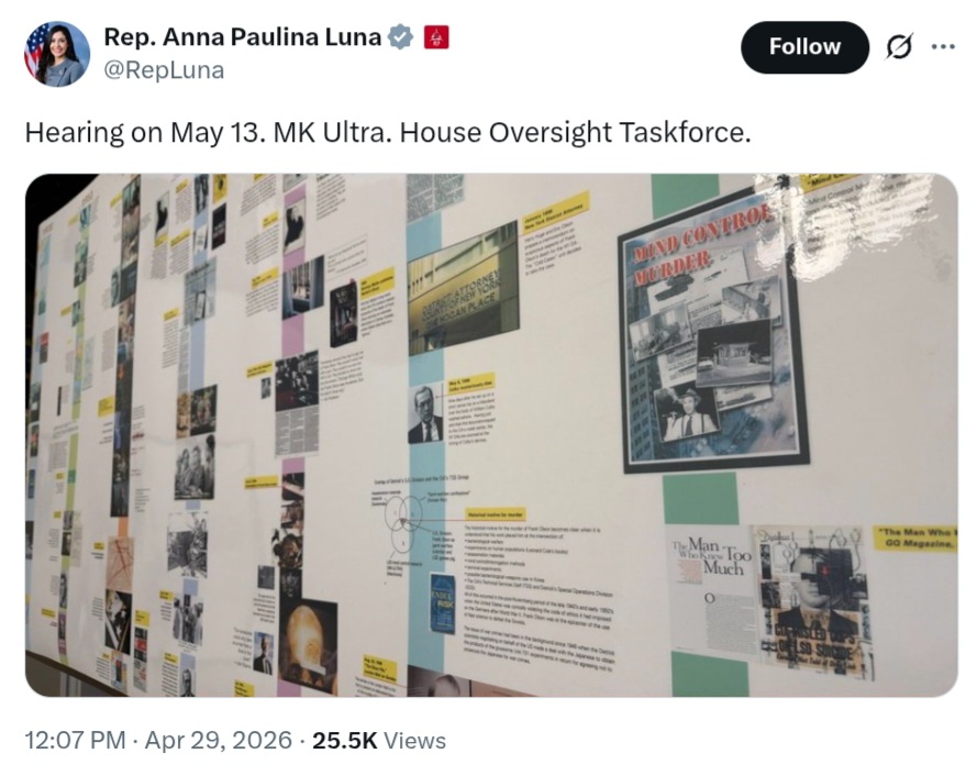 justspaceonline's tweet image. REP LUNA: "Hearing on May 13. MK Ultra. House Oversight Taskforce"

x.com/search?q=mkult…
x.com/search?q=epste…

⌛️💀🦋
#monarch #paperclip #lookingglass #montreal #jung #crowley #freemasons #trauma #shockdoctrin #grof #esalen #gestalt #uap #antichrist
x.com/justspaceonlin…