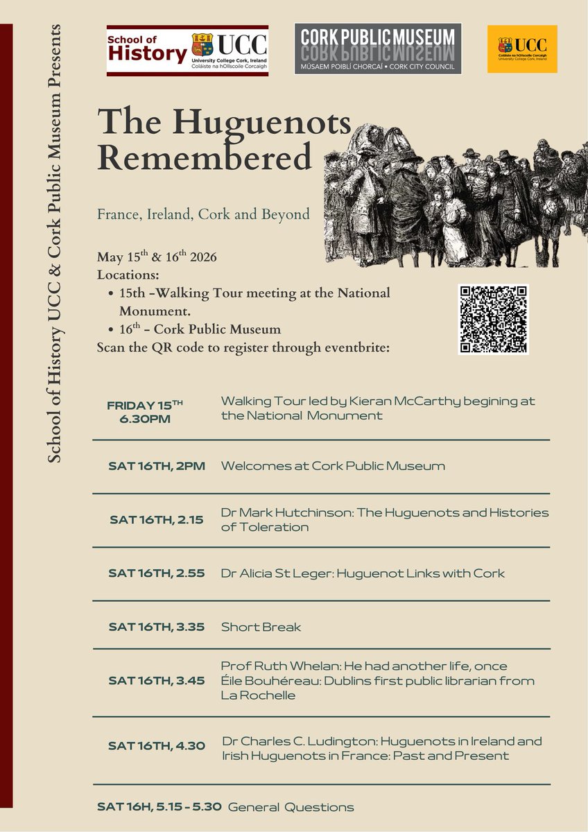UCCHistory's tweet photo. The School of History (UCC), in conjunction with Cork Public Museum and Cork City Council, invites you to join us for 'The Huguenots Remembered: France, Cork, Ireland and Beyond

📅 Friday 15th &amp; Saturday 16th May 

🔗 Registration and more info here: https://t.co/65cbTW4KFR https://t.co/k5mRIaohMc