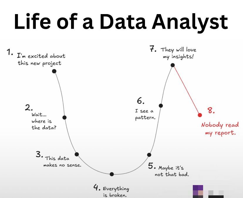 Arewafav's tweet image. The data analyst emotional rollercoaster is 
TOO real 😂
1.New project hype 
2.Everything is broken 
3.“They’re going to LOVE this” 
4.Nobody read my report 
We do it all again next sprint anyway 

#DataAnalytics #DataScience #TechHumor