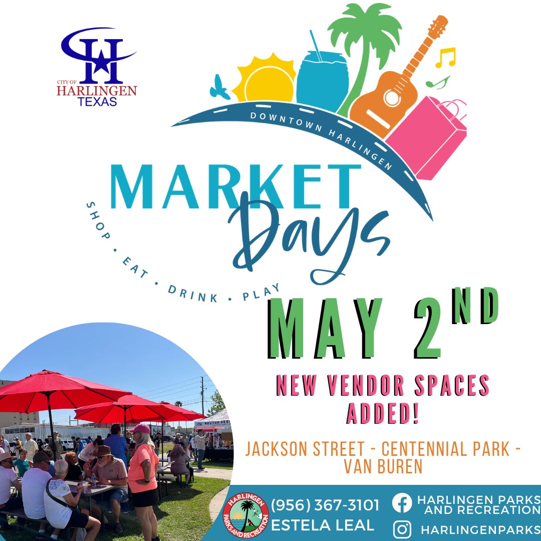 HarlingenTex's tweet photo. 🛍️ Downtown Harlingen Market Days is back!

Join us Saturday, May 2, 2026, for local vendors, handmade goods, and great eats in the heart of downtown.

Shop, explore, and support local! 💛 https://t.co/NUx0dGq1hZ