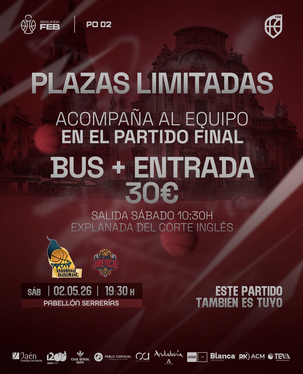 jaen_cb's tweet photo. | PLAZAS LIMITADAS |
𝗨𝗡 𝗘𝗤𝗨𝗜𝗣𝗢. 𝗨𝗡𝗔 𝗔𝗙𝗜𝗖𝗜𝗢́𝗡. 𝗨𝗡 𝗢𝗕𝗝𝗘𝗧𝗜𝗩𝗢.

Os recordamos que el número de plazas para el desplazamiento en bus es limitado. El pack para el partido del sábado está disponible en nuestra ticketera. https://t.co/JKMj25cBsc