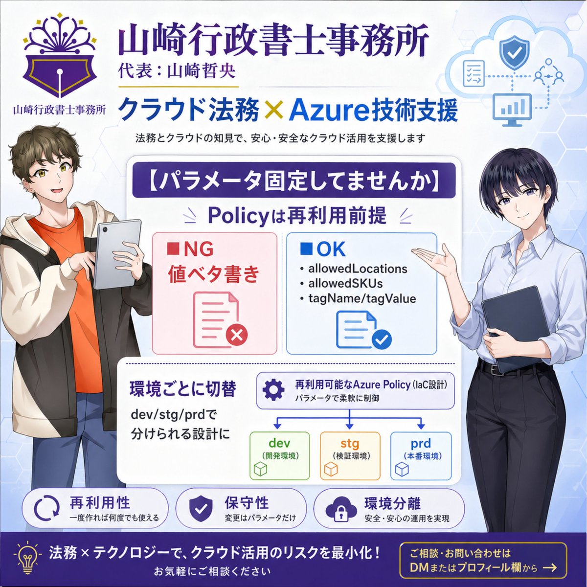 shizuokagyousei's tweet image. #企業公式相互フォロー

【Azure Policy設計の落とし穴】

結論👇
ベタ書きしたら負け。

NG👇
・allowedLocations固定
・SKU直書き

→ 再利用できない

OK👇
・パラメータ化
・環境ごとに切替

dev / stg / prd
👉 同じPolicyで回す

重要なのは
「書くこと」ではなく
“使い回せる設計”。

#Azure