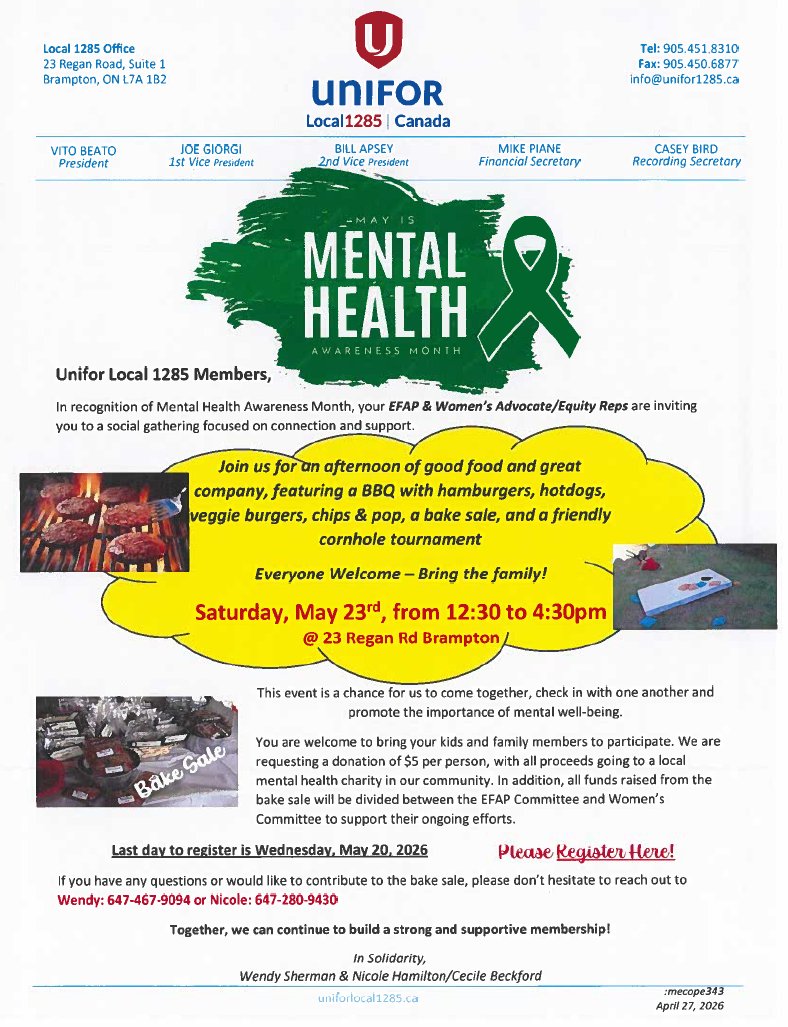 UniforLocal1285's tweet photo. May is Mental Health Awareness Month....
Join us for a social gathering focused on connection and support - Saturday, May 23, 2026 
Register at:  https://t.co/BqqyYBZ0bb https://t.co/tuXDH0iGgK
