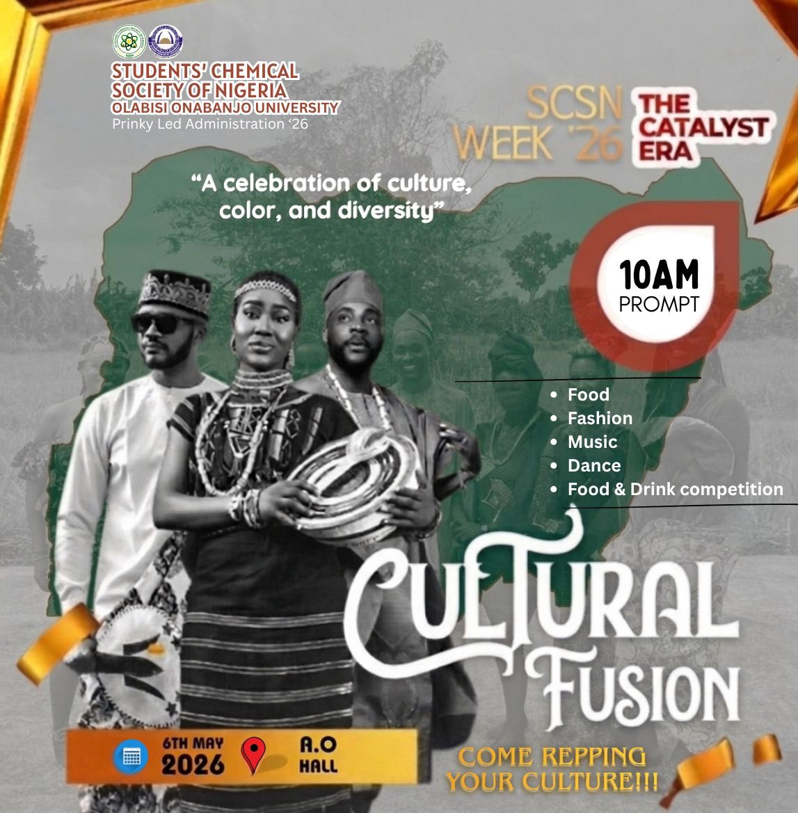 Scsnoou's tweet photo. The Catalyst Era isn’t here to play 🔥
Show up and rep your culture! 🌍✨

Experience creativity through music, fashion &amp; performances.

📍 A.O Hall
🗓️ 6th May | 10AM

Food &amp; drink competition 🍽️
Refreshments • Entertainment 🎶 https://t.co/Iakfs831T2