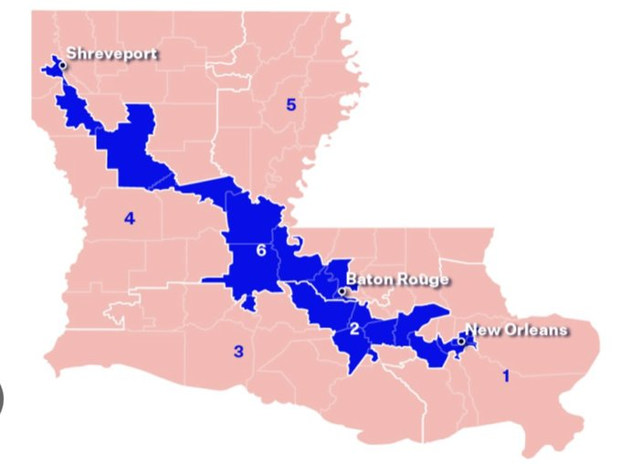 AndrewCFollett's tweet photo. Obama is lying.

Pre this ruling, we had effectively MANDATED MAXIMUM racial gerrymandering...that's why Democrats got 2 free seats in Louisiana. 

Look at this image, look how UNBELEIVABLY gerrymandered those 2 blue gashes are! https://t.co/tgnuIgDFp3