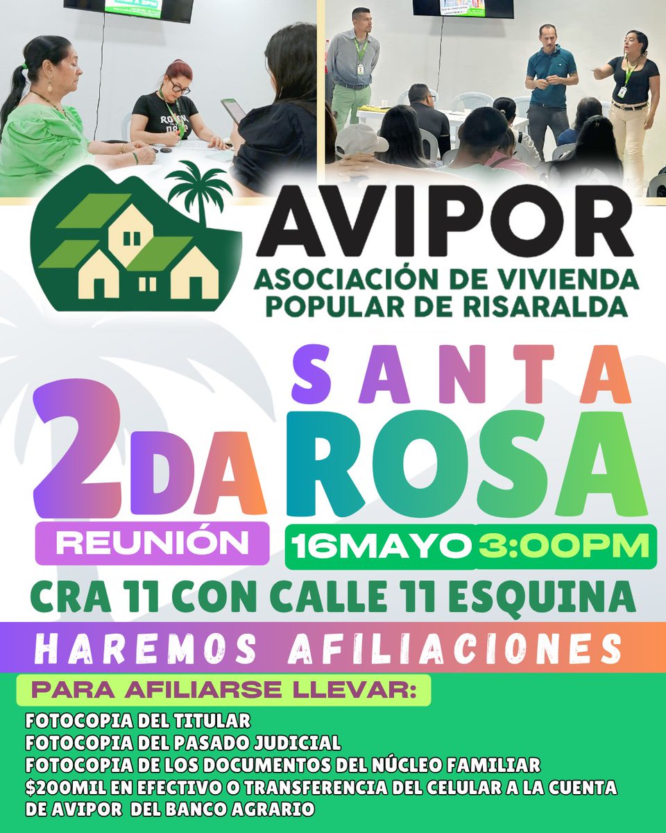 Avipor_'s tweet photo. En AVIPOR🏡 tendremos la 2da reunión en Santa Rosa de Cabal. el 16 de Mayo estaremos en la ciudadela de las araucarias en la Cra 11 Calle 11 Esquina.
También realizaremos afiliaciones. Pasa la voz. https://t.co/lTiarSTATn