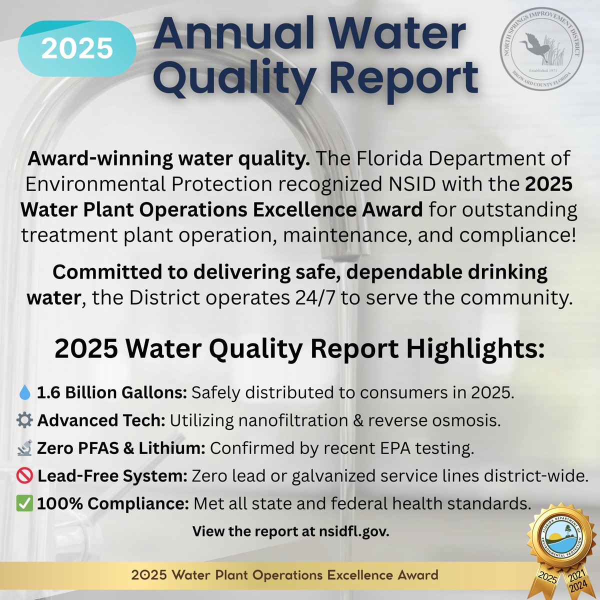 NSID_DISTRICT's tweet photo. Delivering safe, dependable water is our priority, earning NSID the 2025 Operations Excellence Award. Review our latest Water Quality Report to explore our fully compliant, lead-free water system. https://t.co/YSXs5BKcNb