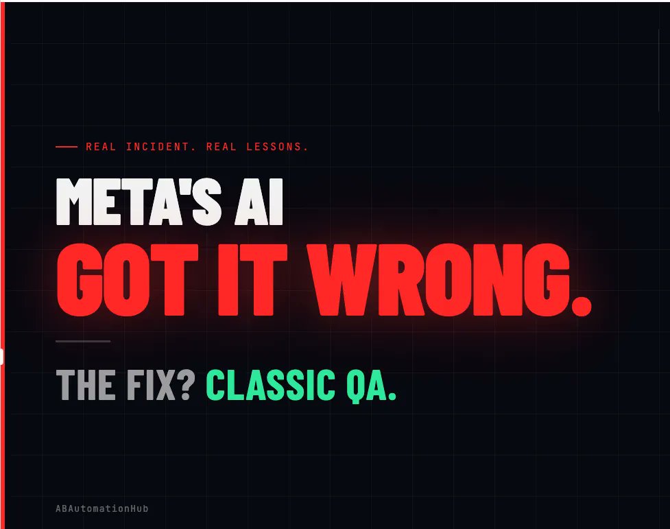 anshita__bhasin's tweet image. I just published a new blog on Medium.

Check it out :
Meta’s AI Got It Wrong. The Fix? Classic QA. ( Case Study) medium.com/p/metas-ai-got… 

 #Engineering #testing #UAE #Tech #WomenInTech #QA #ABAutomationHub