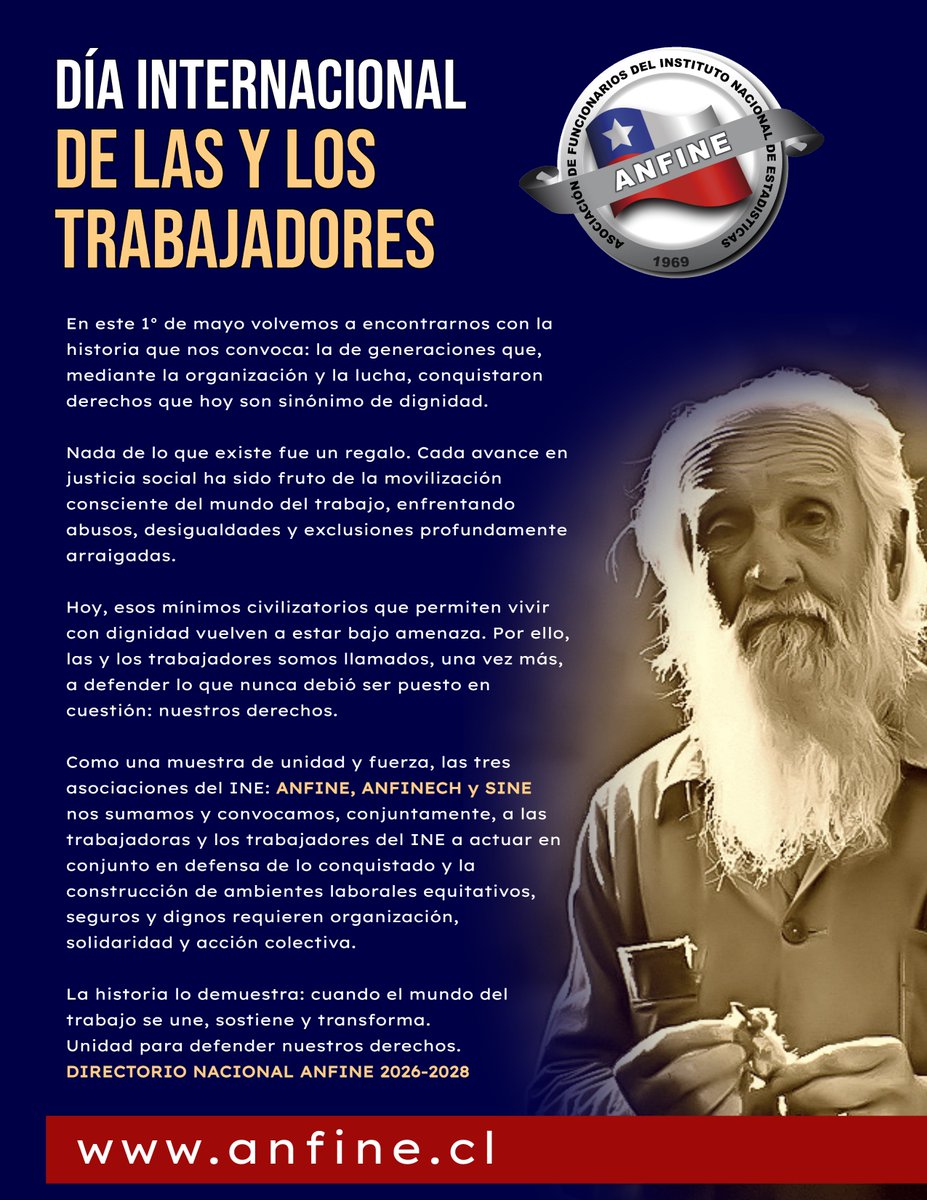 AnfineChile's tweet photo. SALUDO ANFINE 1° DE MAYO | DÍA INTERNACIONAL DE LAS Y LOS TRABAJADORES

Como muestra de unidad, ANFINE, ANFINECH y SINE nos sumamos y convocamos conjuntamente a las trabajadoras y los trabajadores del INE a conmemorar este 1° de mayo. Unidad para defender nuestros derechos. https://t.co/uI3NNZo5XX