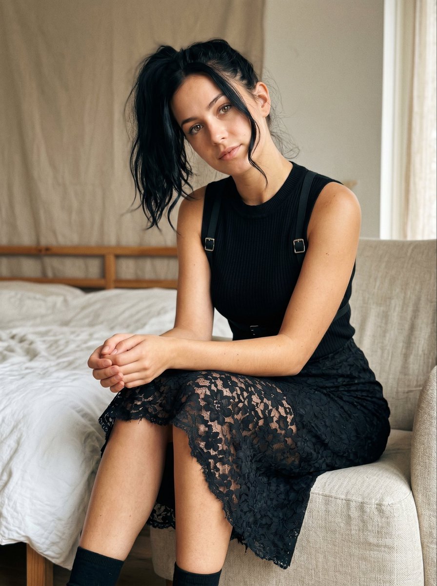 tealdog2's tweet image. Stunning woman with cropped sleeveless black ribbed knit half top and floral lace.

1. Grok Imagine 
2. Nano Banana 2 

#aiart #aigenerated