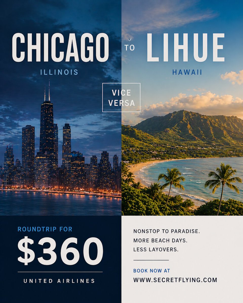 SecretFlying's tweet image. #Chicago to #Lihue, Hawaii (&amp;amp; vice versa) for only $360 roundtrip with United Airlines #Travel

secretflying.com/posts/chicago-…