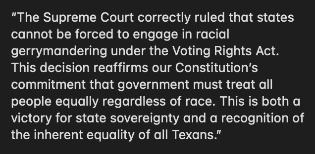 bradj_TX's tweet image. Statement from @GregAbbott_TX spox @Mahaleris on today's SCOTUS ruling in Callais. #txlege
