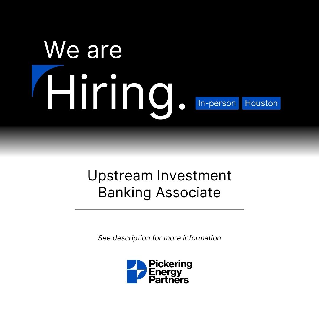 PEP_EnergyBrain's tweet photo. We're hiring an Upstream Investment Banking Associate in Houston. Early responsibility, direct work with senior leadership, and involvement across M&amp;A, equity capital markets, and capital raises in energy. 

Apply: https://t.co/vc2ukFEK7b

#PEP #hiring #energy https://t.co/ghSzo1iTfX