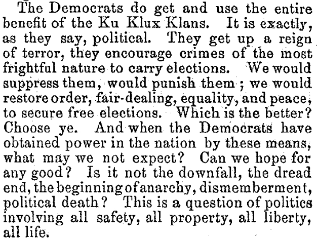 Tenacdino's tweet photo. Congressman John Coburn (R) of Indiana testifying in April of 1871. 

Replace the KKK with any leftist group today and it remains accurate.

(Page 460 of the Congressional Globe for the 42nd Congress) https://t.co/IeR9gt5OhG