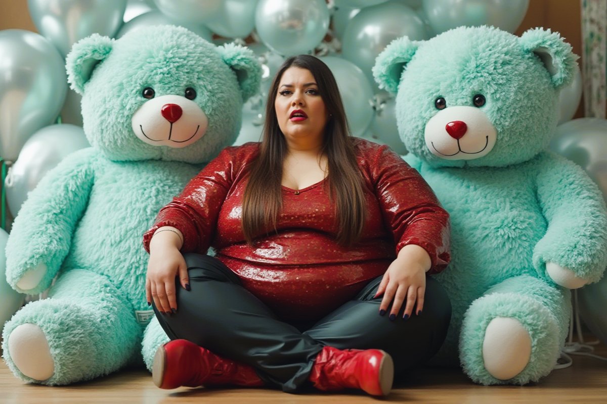 DickVasser's tweet image. Large #brunette lady with #balloons and #teddybear