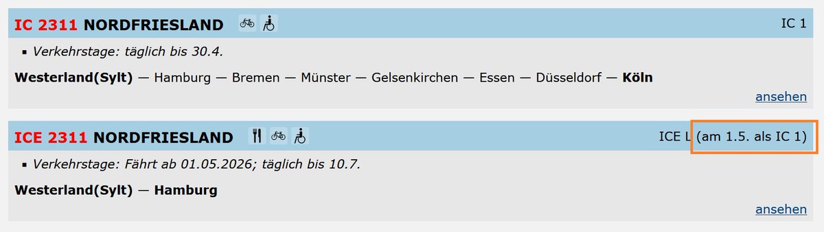 MarcusGrahnert's tweet image. Morgen fahren letztmals die seit den 70er Jahren bekannten Intercity-Wagen auf die Insel #Sylt:

IC 2214 #Westerland an 12:33
IC 2310 Westerland an 15:03
IC 2215 Westerland ab 13:53

Am Freitag 1.5. verlassen die letzten IC-Wagen die Insel: Als IC(E) 2311, Westerland ab 9:53