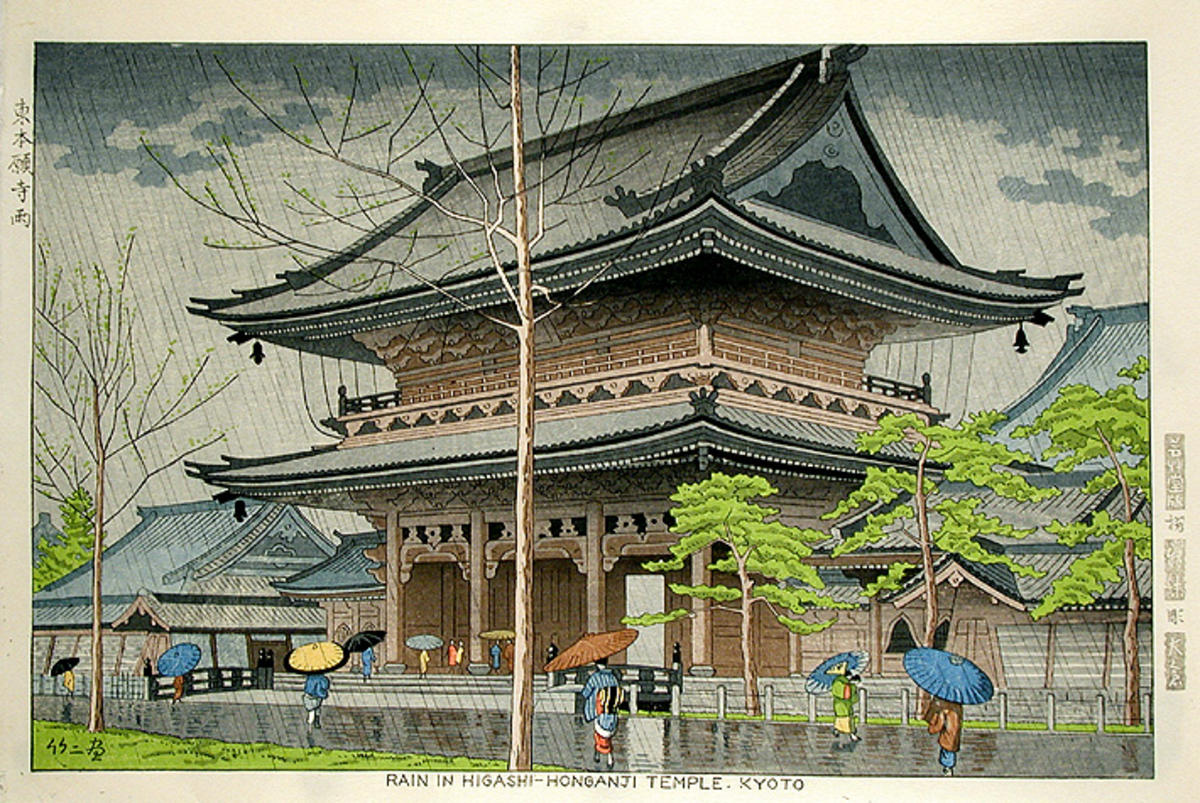 JapanTraCul's tweet photo. Rain in Higashi-Honganji Temple, by Asano Takeji, 1951 https://t.co/LRPWZ2AhtB