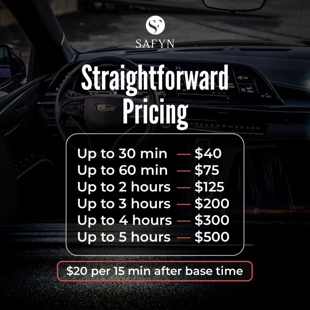 SafynLLC's tweet image. No guesswork. No surge. Just clear, upfront pricing.
Know what you pay before you ride- that’s the Safyn way.

#LuxuryTransportation #TransparentPricing #BlackCarService #Safyn