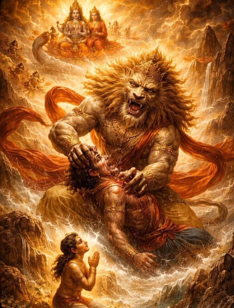 vishwananda's tweet photo. Every aspect of Narasimha’s incarnation is so meaningful. 
He came from such a hidden, ignored place. Showing everyone that the majesty of God is in himself. He gives glory and divinity to every surrounding, because He is present it becomes divine. And his eternal home is within your heart, deep within your true self. He keeps giving glimpses of the absolute beauty of that place, to help you to reach there, to keep loving more and more. He used his nails to pierce evil and dismantle it piece by piece. Still he was giving. Narasimha was giving his utmost love even to the most dreadful being. But the way one lives, one’s inner state determines how His love shows up in one’s life. Through gentle kindness and sweeter than honey feelings, like with Prahlad. Or, through intense purification and ego-destroying transformation like with Hiranyakashipu. Narasimha is pure love. Pure state of manifestation. What frequency you raise yourself to, what purity resonates within you, determines how He pulls you closer to Himself. Because every atma constantly pleads to be closer to Him. If you choose to remain at a low frequency, He still pulls you closer, but the way is very hard because He has to perform constant surgery to remove the poisonous parts within you. Then, His form of a lion; naturally the king, revered by all. He only has to display his power once and that is enough to establish his place of highest glory. But most of the time, he coexists with every being under his protection in the most natural way. Hence, the feeling of awe, reverence, and utmost service that others feel towards Him is balanced by protection, love, and harmony of life with Him. How endless are the ways of Bhagavan Sri Hari. His love, his glory is ever growing.
