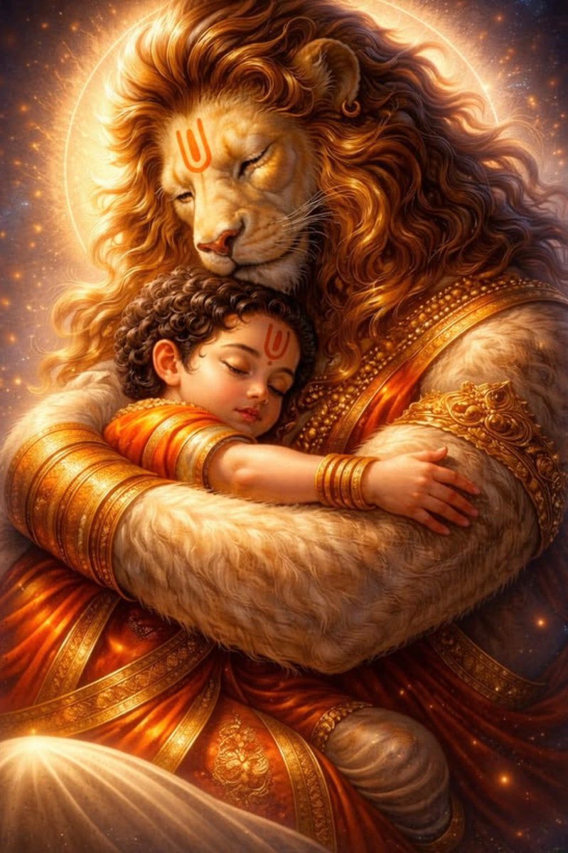 vishwananda's tweet photo. Every aspect of Narasimha’s incarnation is so meaningful. 
He came from such a hidden, ignored place. Showing everyone that the majesty of God is in himself. He gives glory and divinity to every surrounding, because He is present it becomes divine. And his eternal home is within your heart, deep within your true self. He keeps giving glimpses of the absolute beauty of that place, to help you to reach there, to keep loving more and more. He used his nails to pierce evil and dismantle it piece by piece. Still he was giving. Narasimha was giving his utmost love even to the most dreadful being. But the way one lives, one’s inner state determines how His love shows up in one’s life. Through gentle kindness and sweeter than honey feelings, like with Prahlad. Or, through intense purification and ego-destroying transformation like with Hiranyakashipu. Narasimha is pure love. Pure state of manifestation. What frequency you raise yourself to, what purity resonates within you, determines how He pulls you closer to Himself. Because every atma constantly pleads to be closer to Him. If you choose to remain at a low frequency, He still pulls you closer, but the way is very hard because He has to perform constant surgery to remove the poisonous parts within you. Then, His form of a lion; naturally the king, revered by all. He only has to display his power once and that is enough to establish his place of highest glory. But most of the time, he coexists with every being under his protection in the most natural way. Hence, the feeling of awe, reverence, and utmost service that others feel towards Him is balanced by protection, love, and harmony of life with Him. How endless are the ways of Bhagavan Sri Hari. His love, his glory is ever growing.