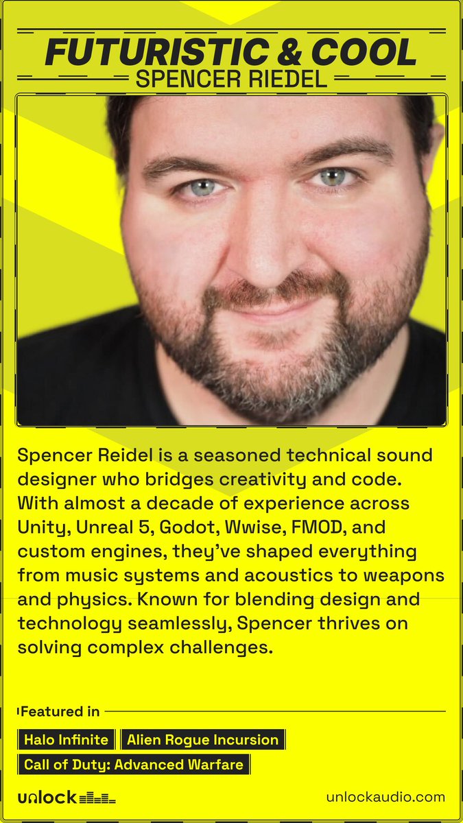 UnlockAudio's tweet image. Spencer Riedel — Futuristic &amp;amp; Cool Studio

Building audio systems that support precision, adaptability, and scale in fast-evolving game worlds.
#GameAudio #SoundDesign