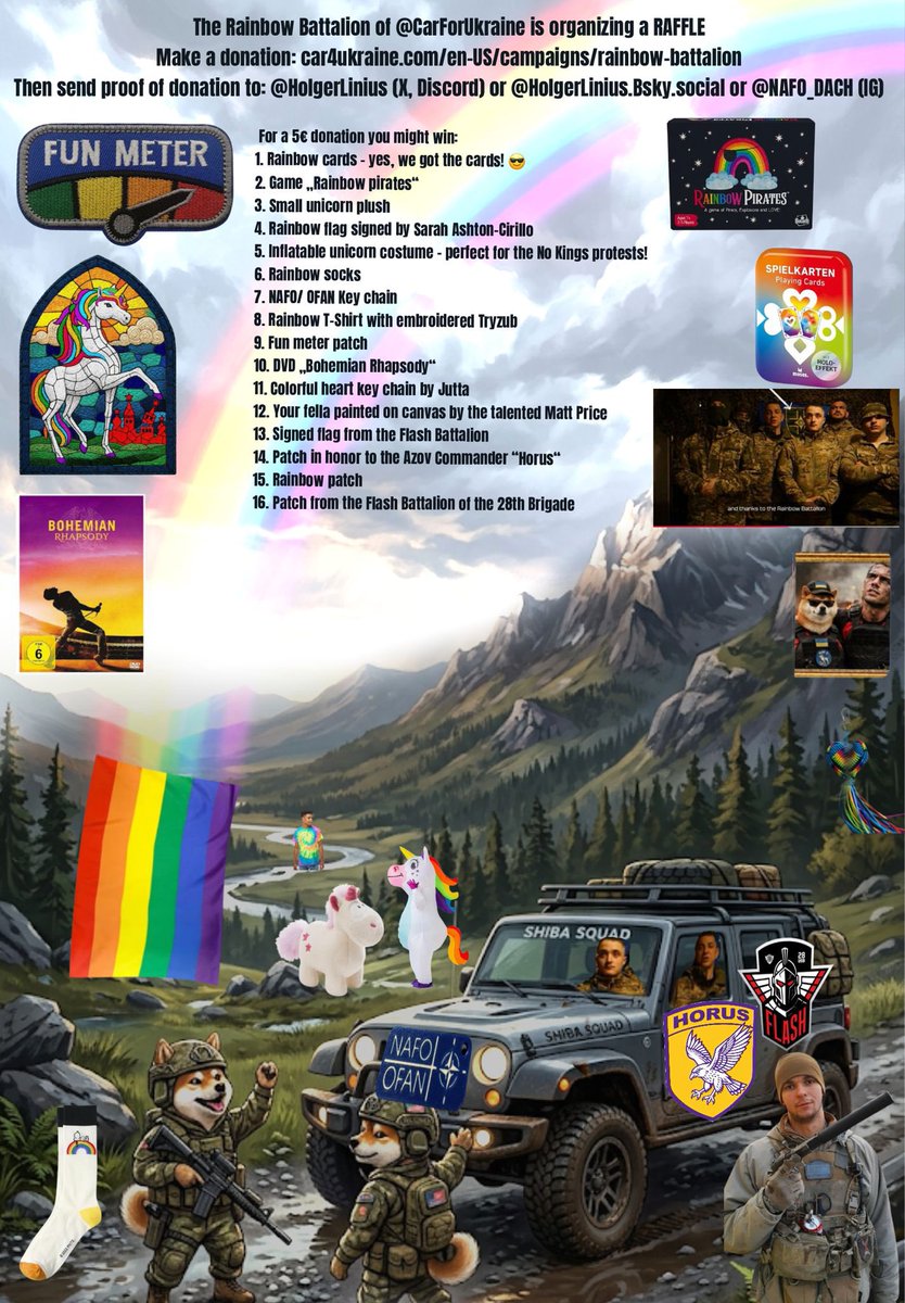 NAFO_Ger_Fella's tweet photo. 🌈 Rainbow Battalion Fundraising – Time for Heroes! 🌈

The Flash Battalion has lost two pickup trucks in just the past few weeks – and they urgently need replacements right now! The moment we hit €11,000, one of the new trucks rolls straight to Sarah @AshtonCirillo and her unit.

Don’t let them wait any longer – every single donation makes a real difference!
And as my personal bonus: I’m throwing in one Starlink the second we get there! 

Already raised: €5,777.54 – we’re so close to the breakthrough!

🔥 Jump in now: https://t.co/l1OY82PHoK

This campaign powers the brand-new International English-speaking Drone Company of the Flash Battalion, part of the 28th Separate Mechanized Brigade. Volunteers from 15 different countries are fighting side by side for Ukraine’s freedom.

Huge thanks to @carforukraine for making this happen! 🙏

Every euro brings us closer – let’s write history together! 💪🌍