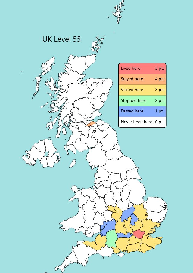 csquaredEddy's tweet photo. I've done this ages ago but sure I can do it again

I am deeply londoncentric lmao. if we include train rides, then the line of counties that follow the king's cross to edinburgh east coast main line would be all blue, but imo I don't count that https://t.co/aaJz5FU6UR