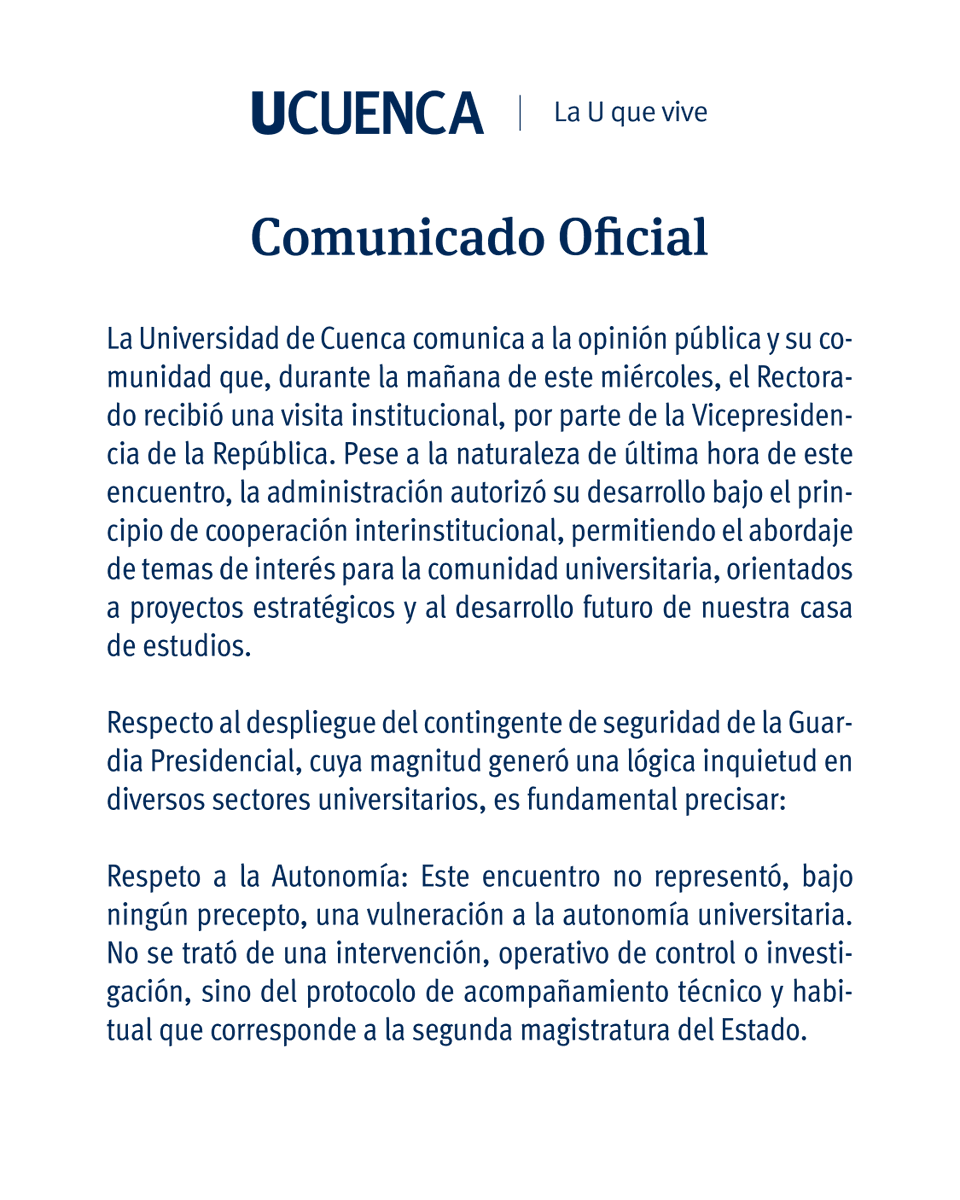 udecuenca's tweet photo. #Importante I La #UCuenca informa sobre la visita institucional de la Vicepresidencia y las acciones adoptadas para garantizar la autonomía universitaria y la convivencia en el campus.
Reafirmamos nuestro compromiso con el respeto, el diálogo y la participación.
#LaUQueVive https://t.co/S1xcpunp89